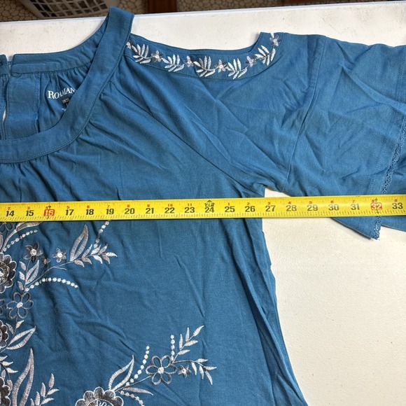 Roaman's Teal Embroidered Bell Sleeve Boho Tunic Blouse Size 18/20 L - Picture 9 of 13